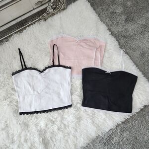 Charlotte Russe crop spaghetti straps lace trim cami tops. Pink-Black-Wh…